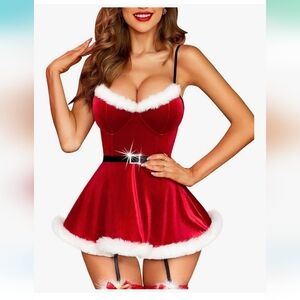 RSLove Festive Red Chemise with White Accents w/ Panty Sz M NWT
